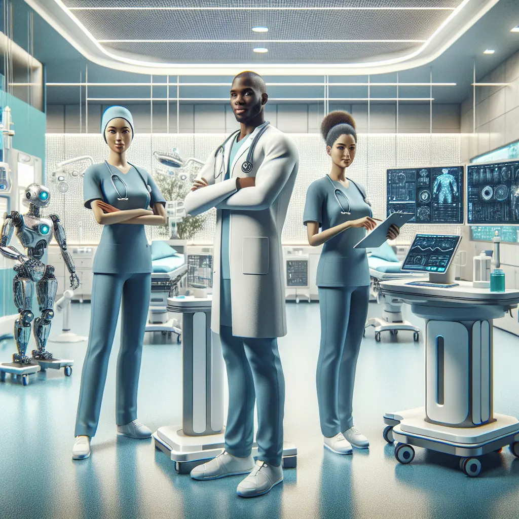 A futuristic vision of healthcare showcasing AI-enhanced diagnostics, robotic-assisted surgeries, and healthcare professionals focusing on patient care and empathy while advanced automation handles data-driven tasks.