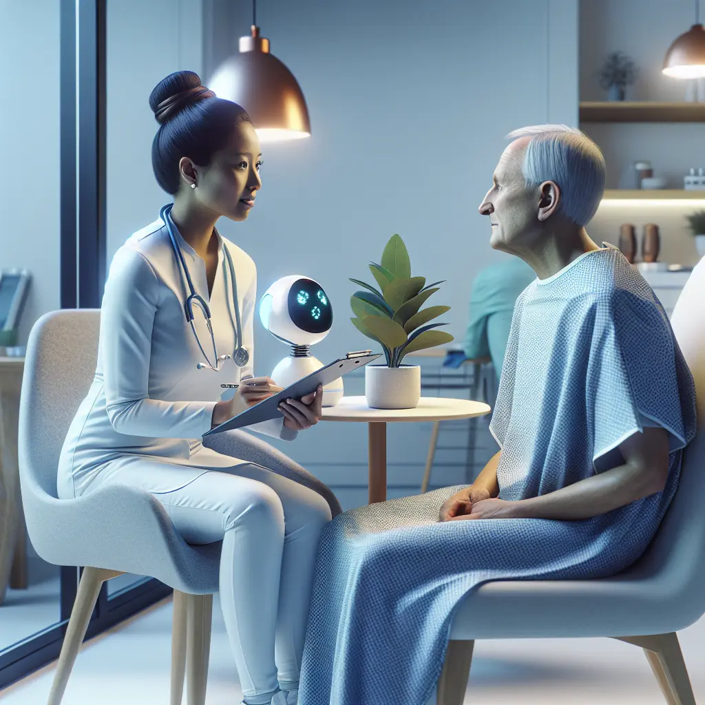 A conceptual image representing the human and ethical side of healthcare automation, showing a healthcare professional interacting empathetically with a patient alongside AI technology symbols.