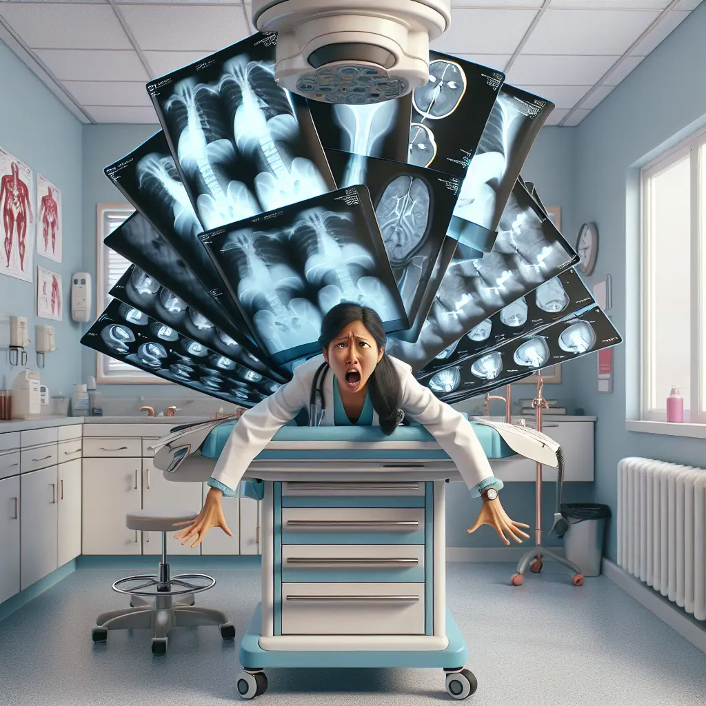 An illustration of AI-powered diagnostics and medical imaging, showing a doctor analyzing X-rays and MRIs with AI assistance highlighting abnormalities.
